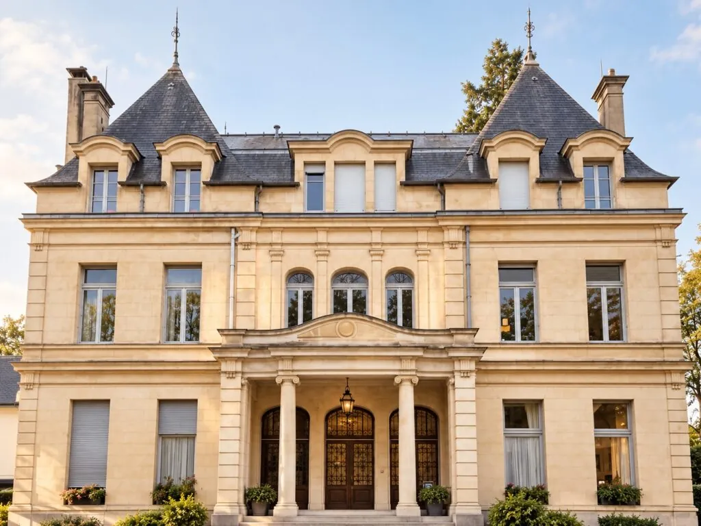 Façade majestueuse sous lumière dorée